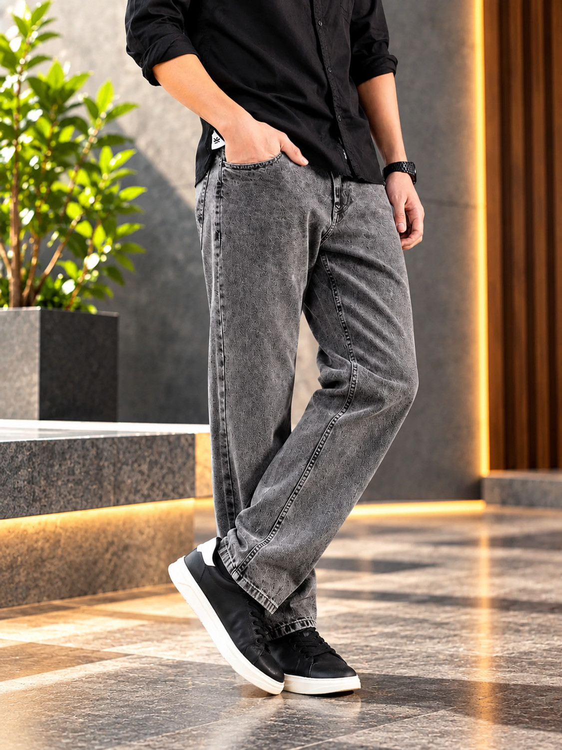 Image of POKHINDA Men Baggy Fit Mid Rise Grey Jeans
