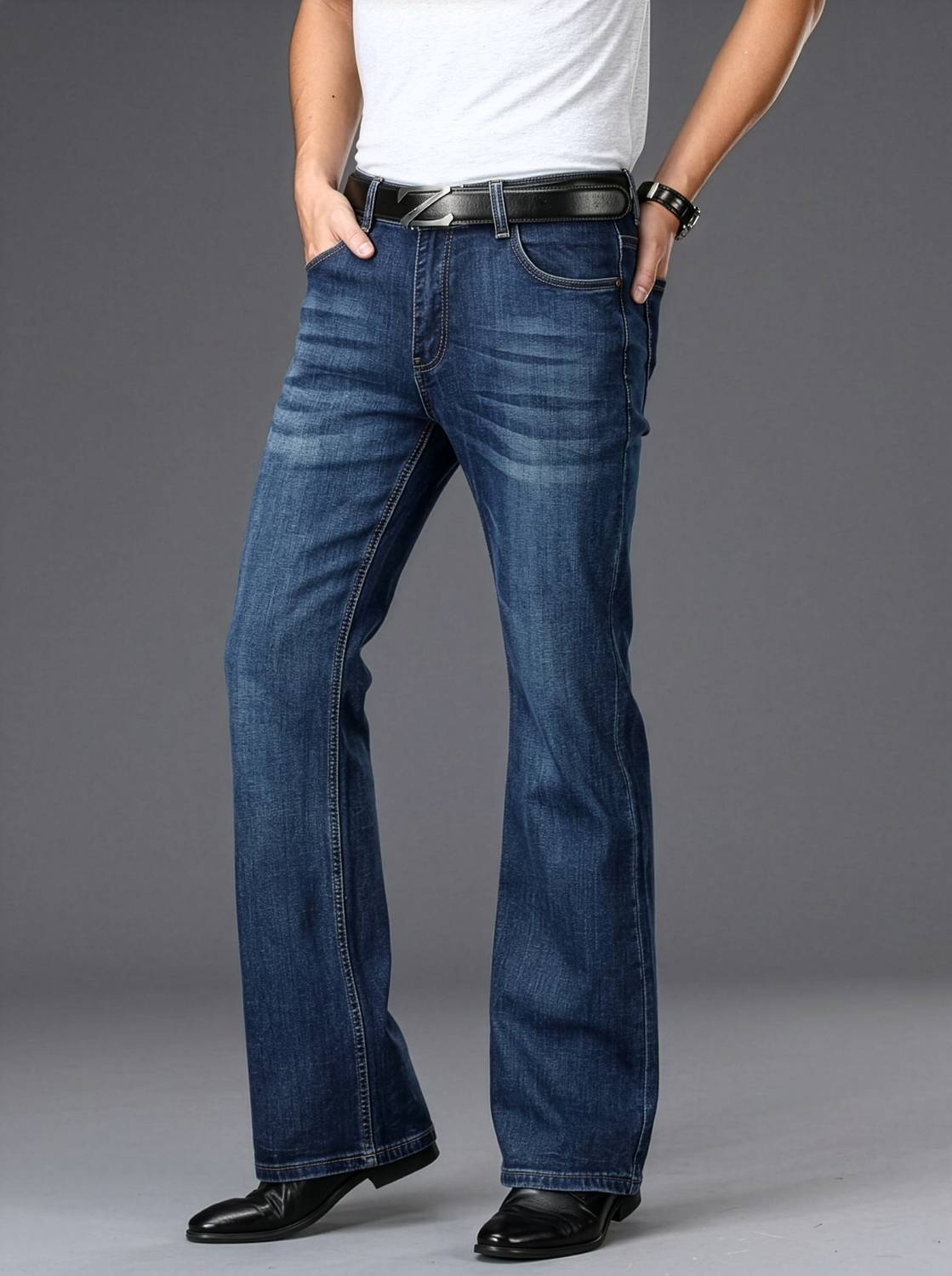 Men Boot-Leg Mid Rise Dark Blue Jeans - Image 1