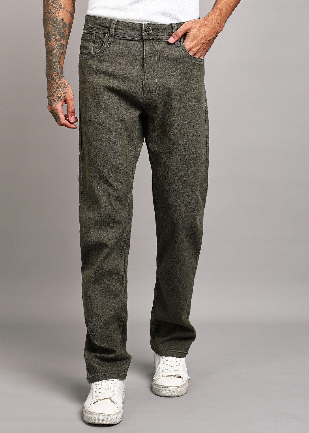 Image of INTEGRITI Men Straight Fit Mid Rise Dark Green Jeans