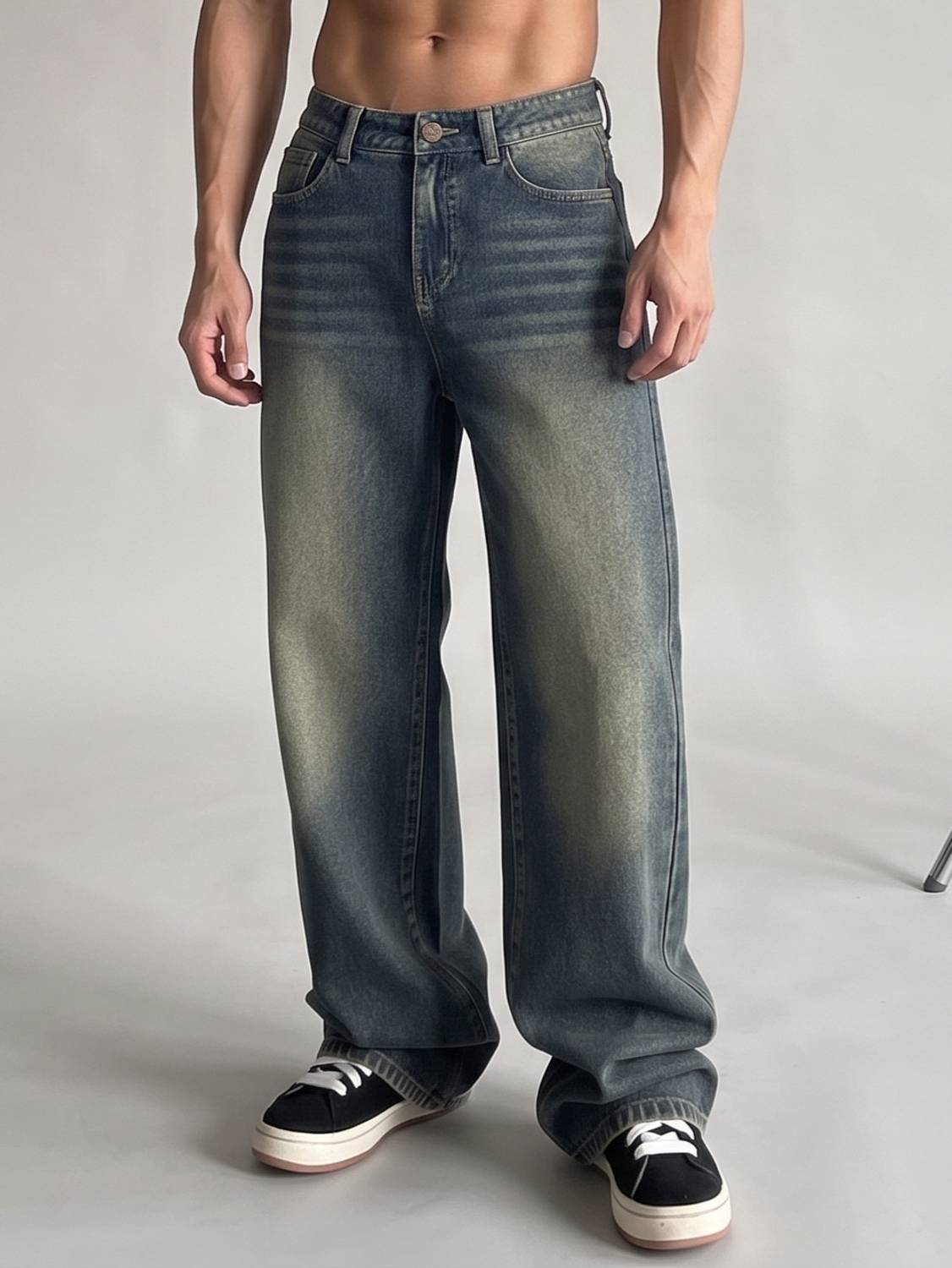 PERISFASHION Wide Leg Men Green Jeans - Image 1