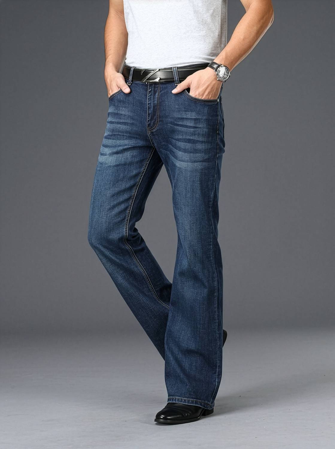 Men Boot-Leg Mid Rise Dark Blue Jeans - Image 3