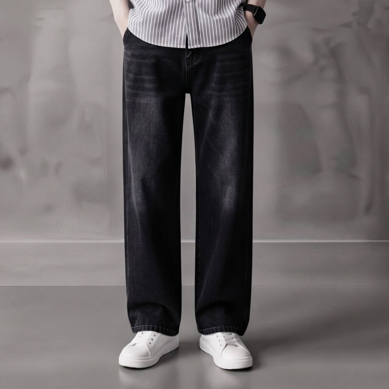 stichstory Straight Fit Black Jeans - Image 1