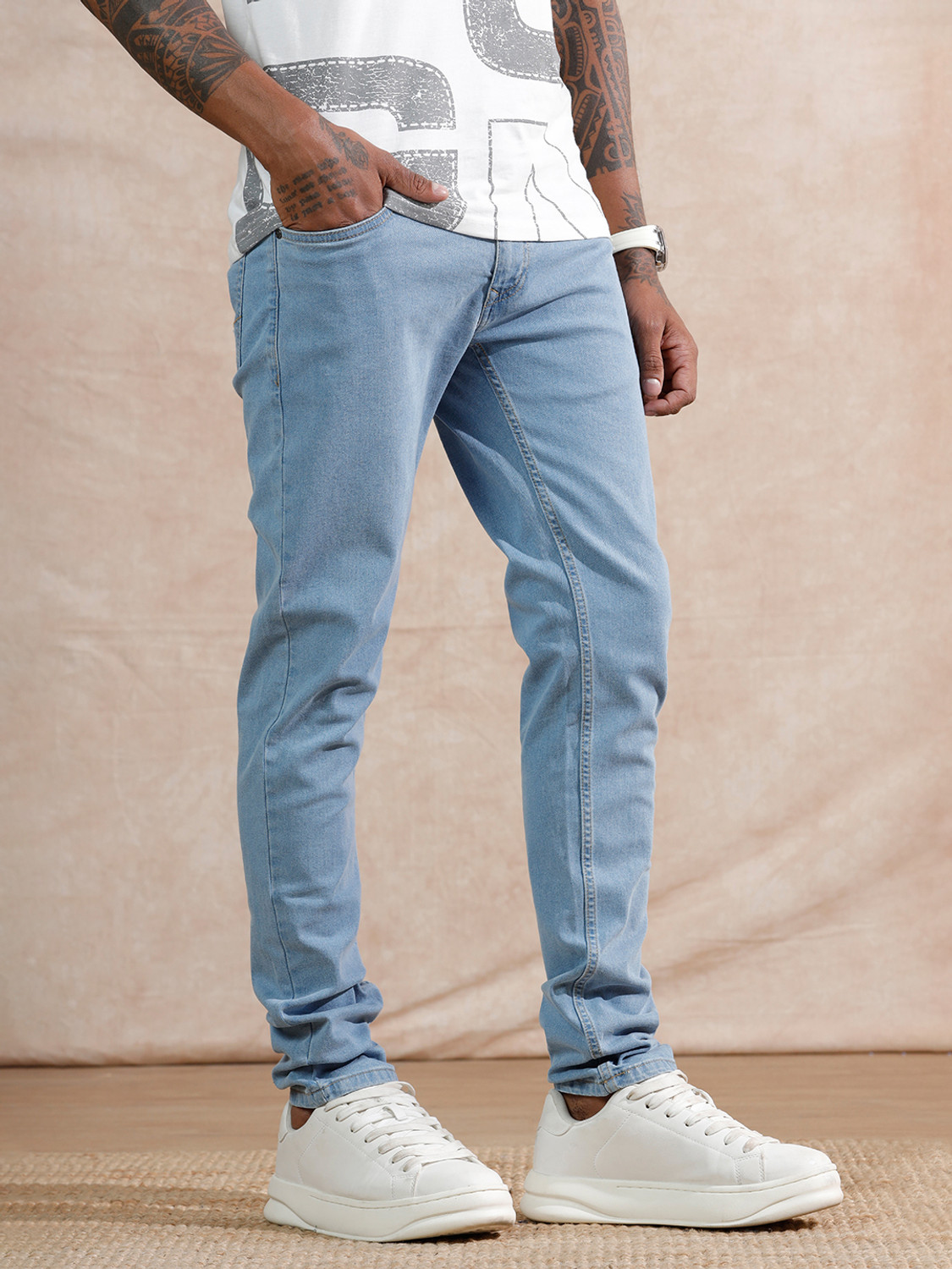 Image of WROGN Tapered Fit Men Blue Jeans