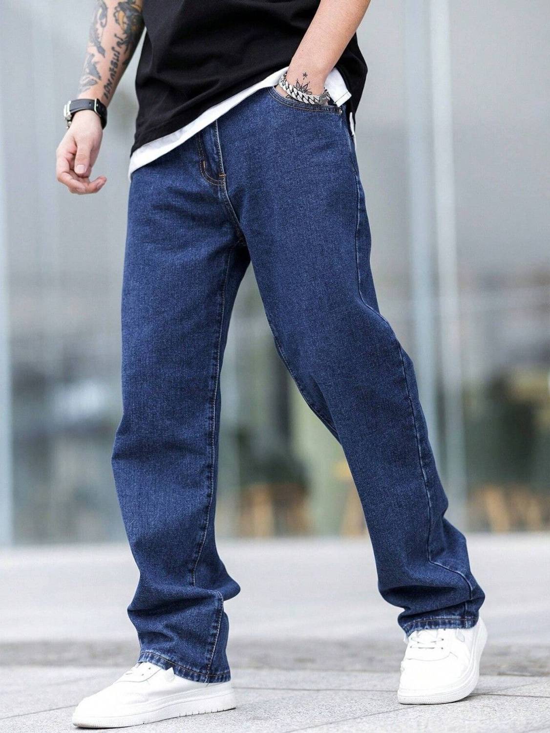 Denim Look Relaxed Fit Men Dark Blue Jeans