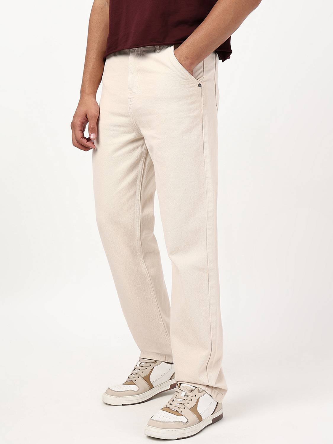 BEWAKOOF Men Straight Fit High Rise Beige Jeans - Image 3