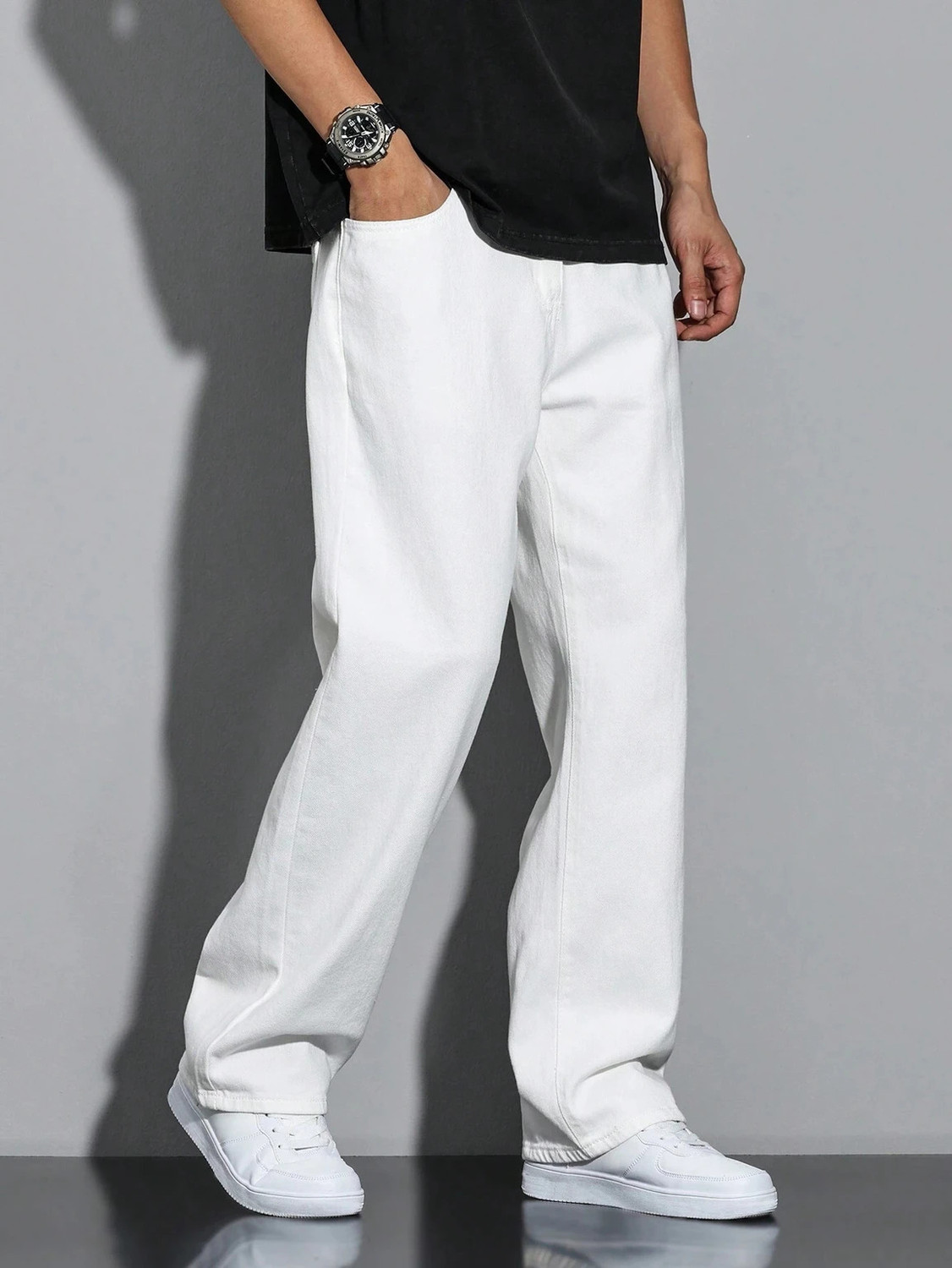 Image of BOSWUD Men Straight Fit Mid Rise White Jeans