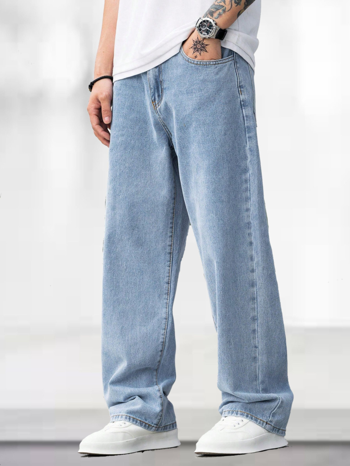 Image of SHINIK Loose Fit Men Light Blue Jeans