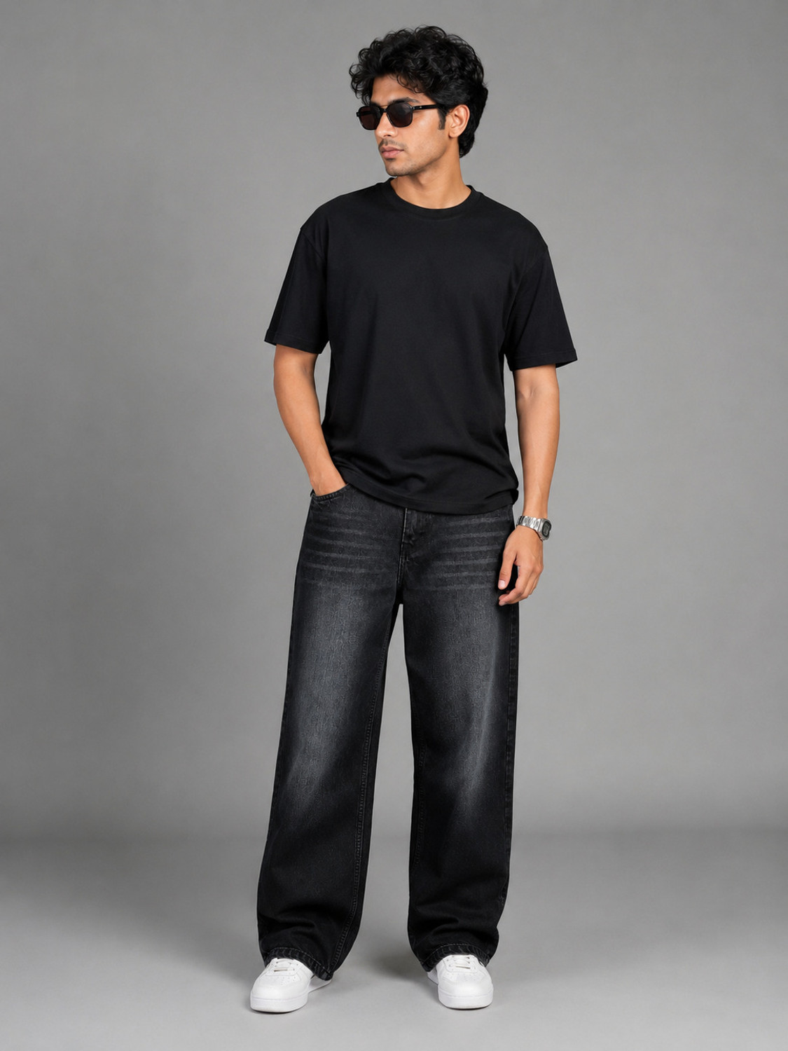 Image of AJJ Wide Leg Men Black Jeans