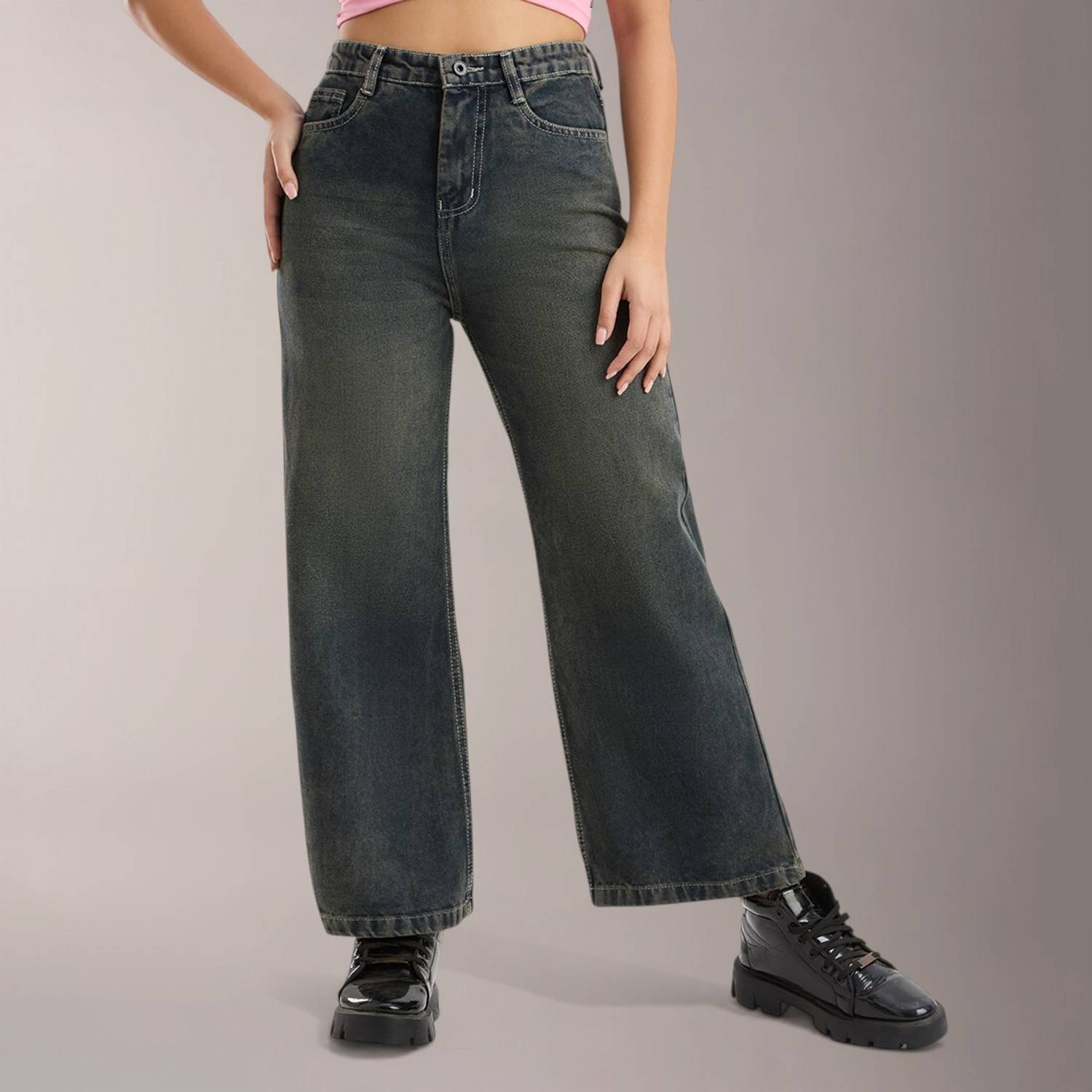 3BUTTERFLIES Wide Leg Women Green Jeans