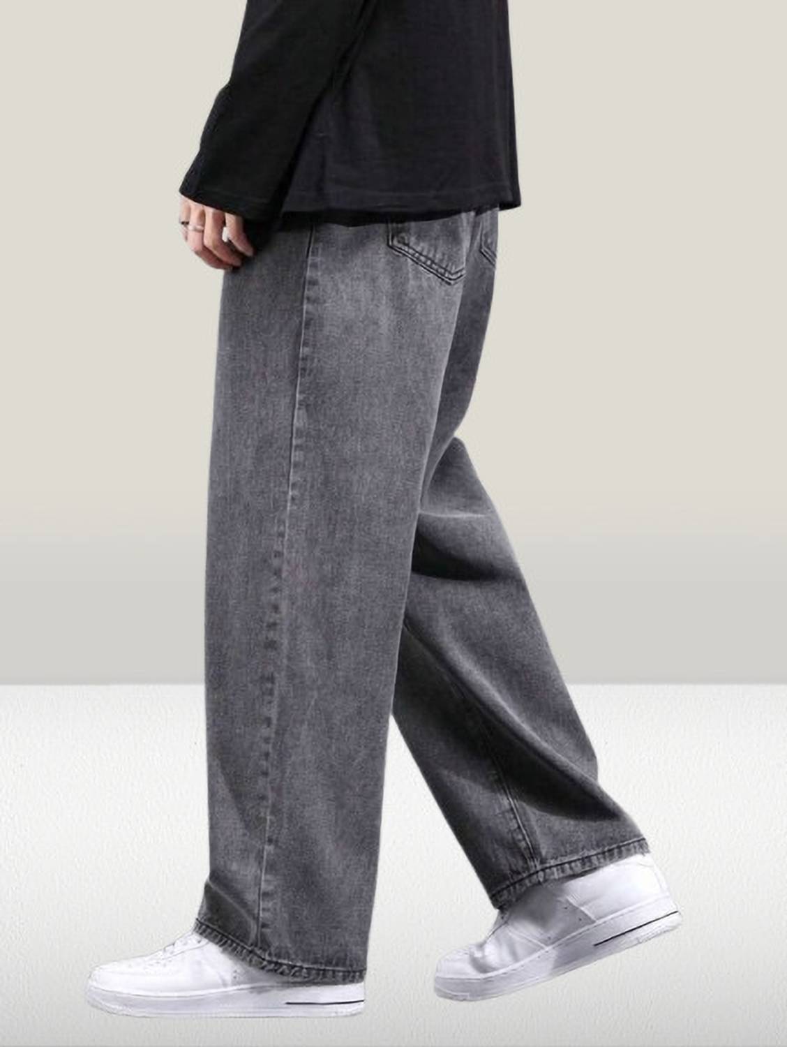 Men Wide Leg Mid Rise Grey Jeans - Image 3