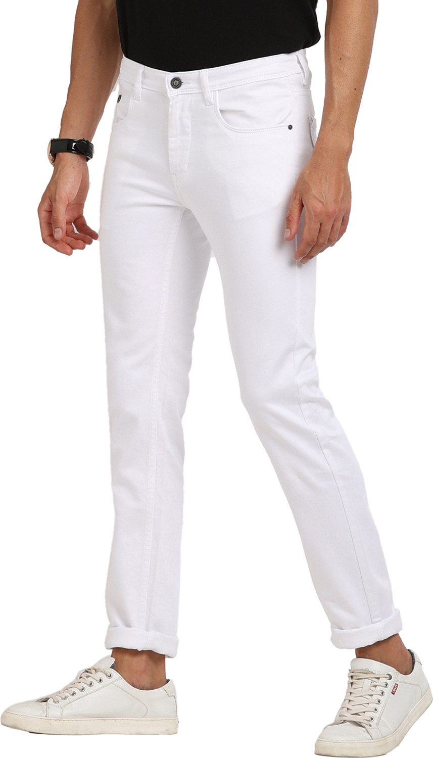 Image of TURTLE Men Tapered Fit Mid Rise White Jeans