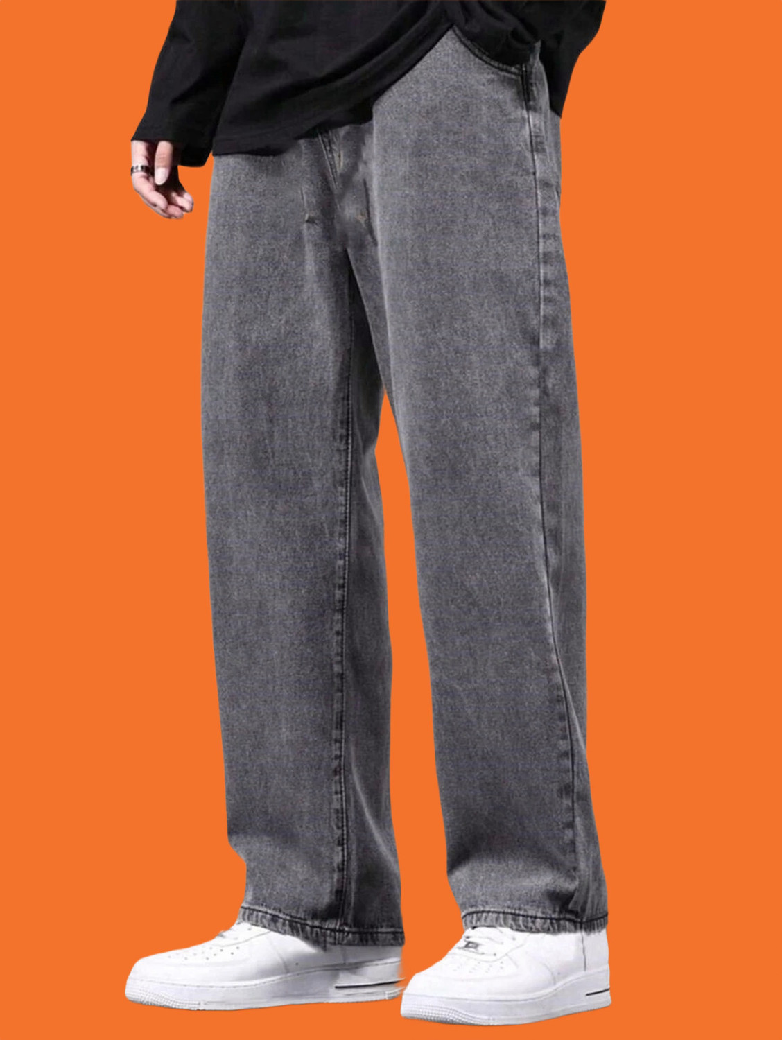 Image of POKHINDA Men Wide Leg Mid Rise Grey Jeans