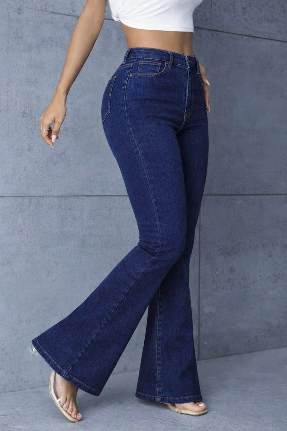 Image of French Rose Flared Women Dark Blue Jeans