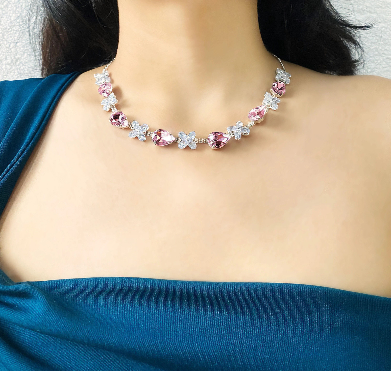 Image of OChori Stone, Alloy Silver Pink, Silver Jewellery Set