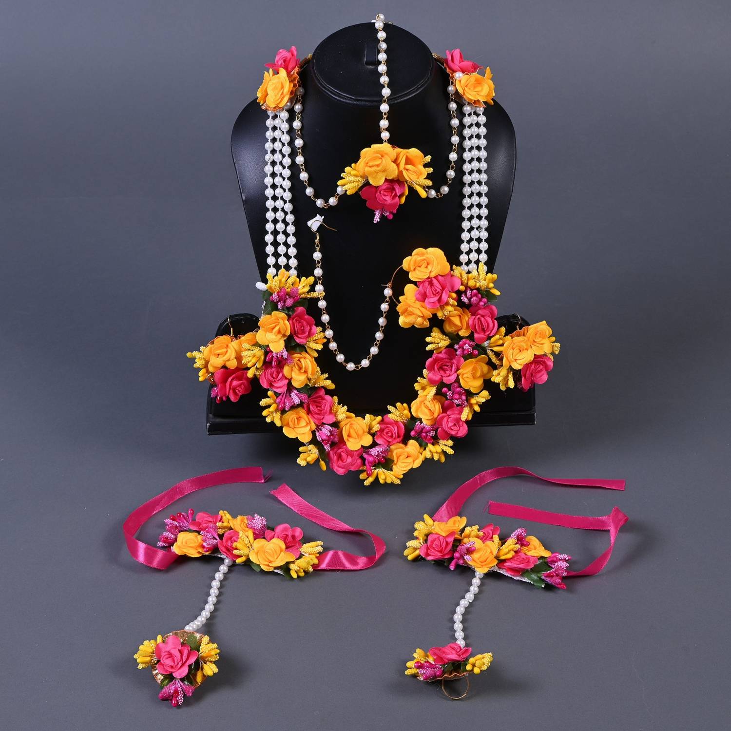 Ankit Craft Fabric, Alloy Yellow, Pink Jewellery Set