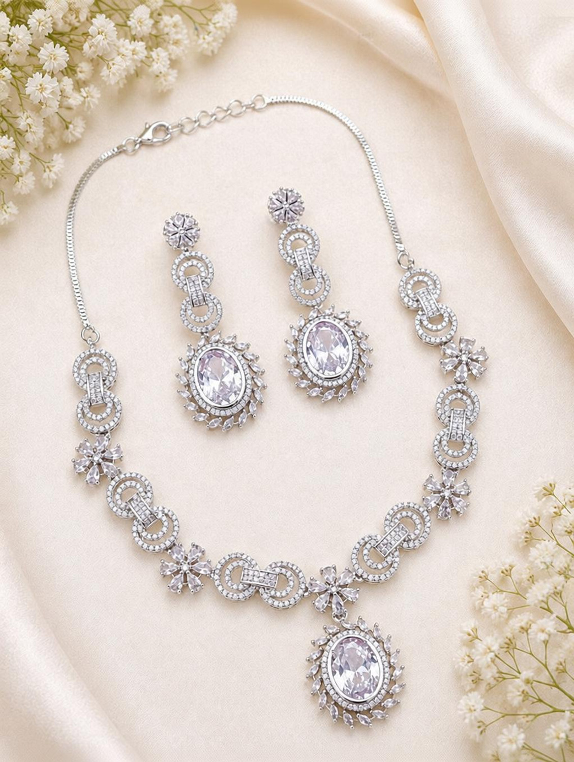 Tiyara Brass Rhodium White Jewellery Set