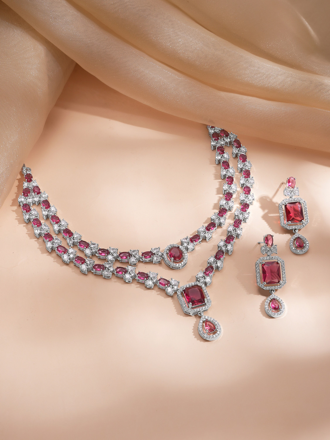 Image of RUBANS Brass Rhodium Silver, Red Jewellery Set