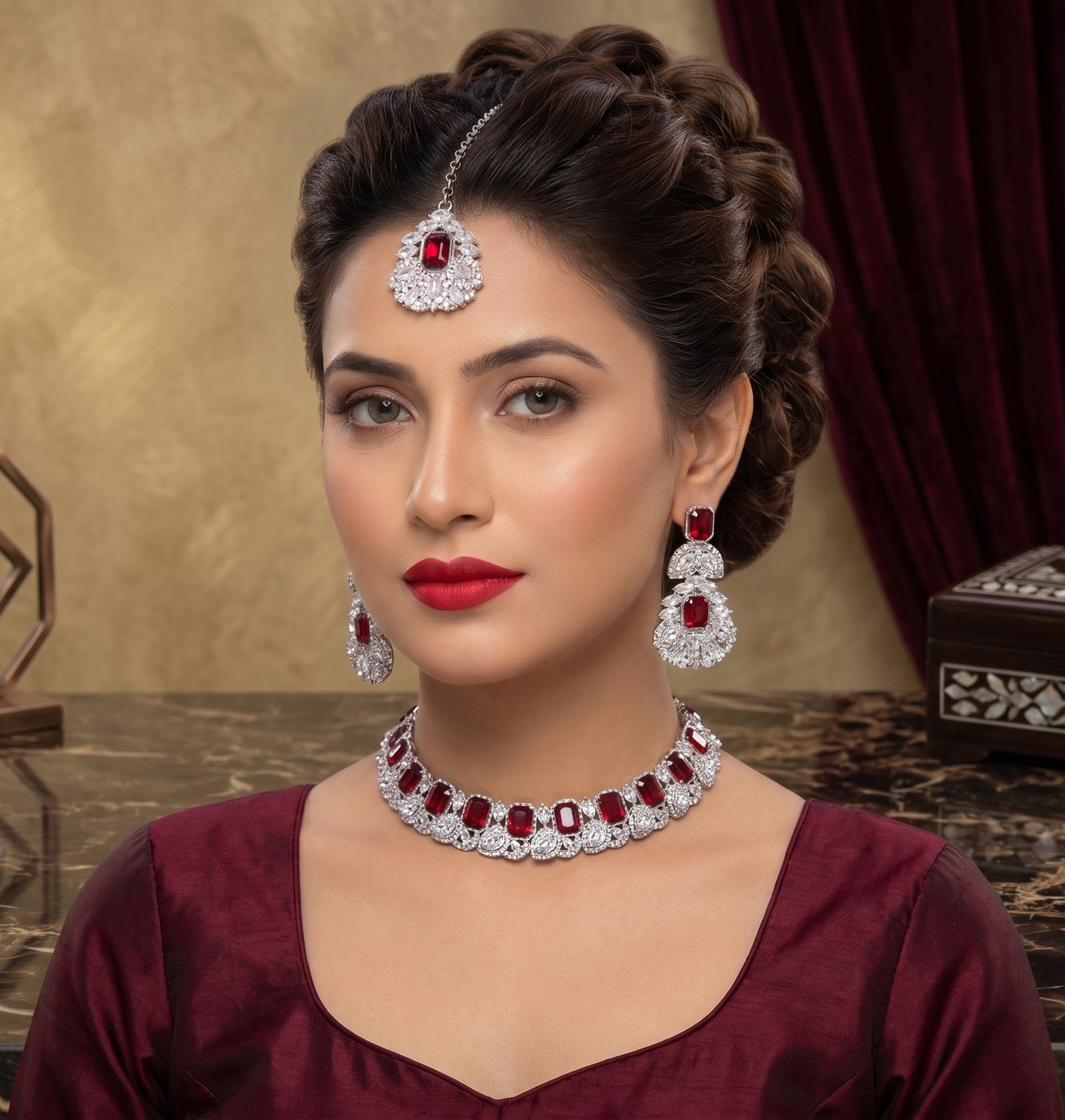 Image of VATSALYA creation Alloy Gold-plated Maroon Jewellery Set