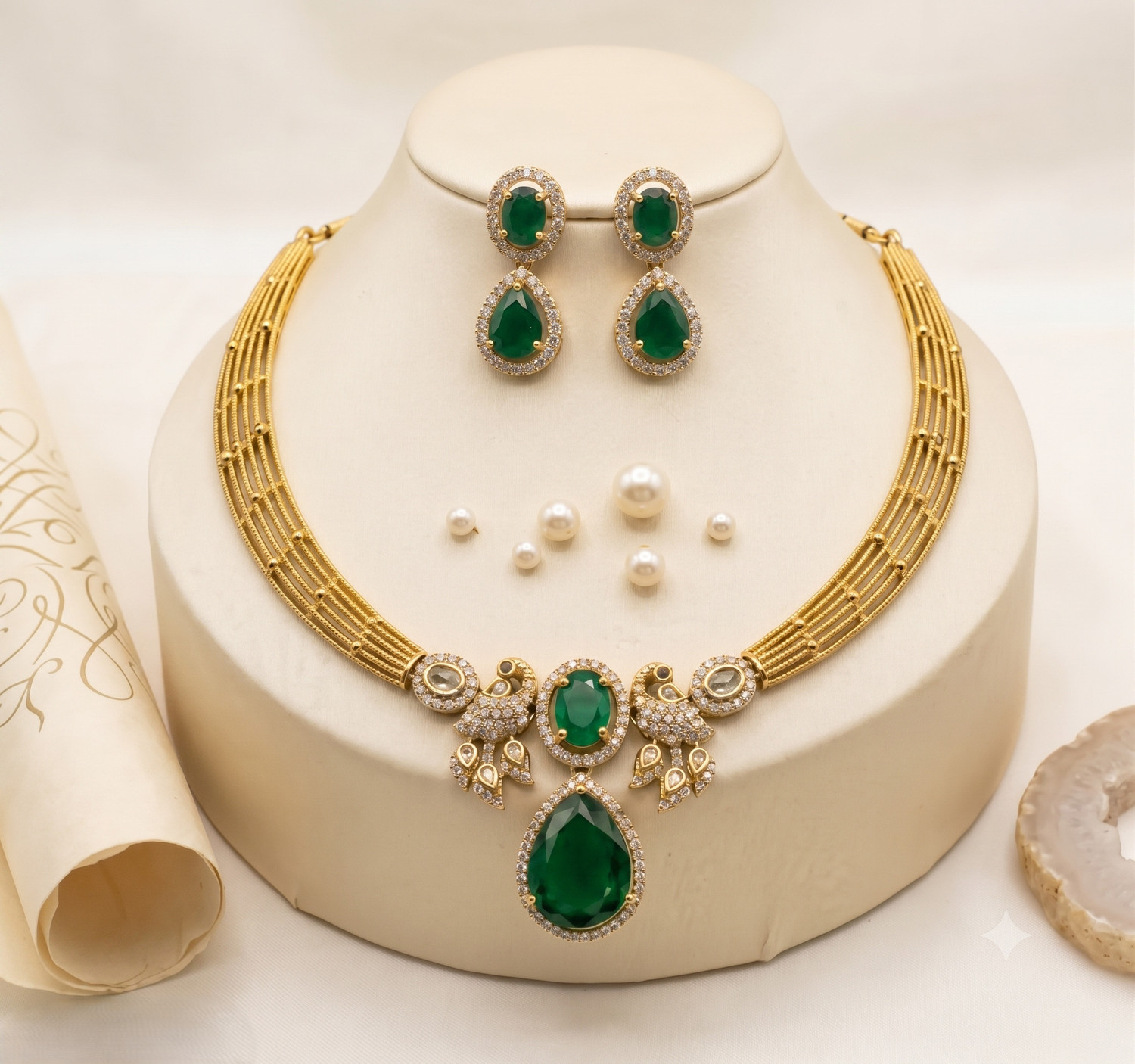 Fancy kf Brass Gold-plated Green Jewellery Set