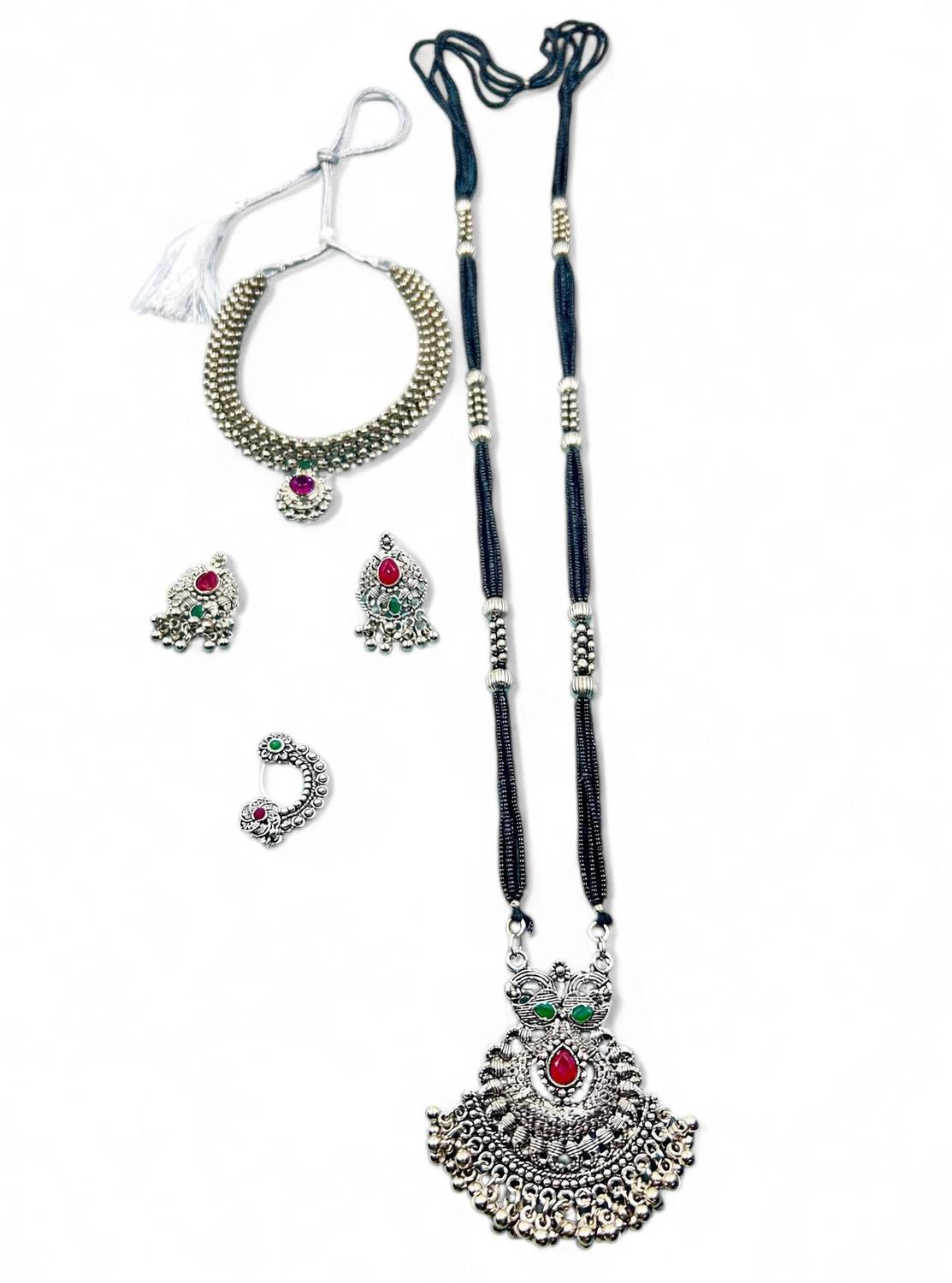 AntiqueJewllery Oxidised Silver Rhodium Multicolor Jewellery Set