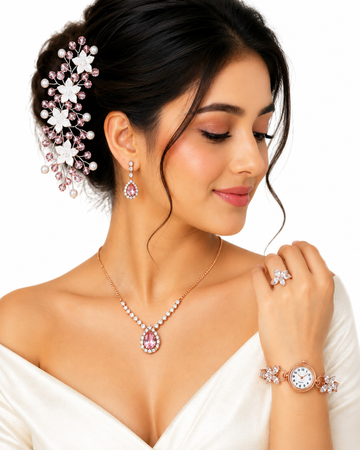 Image of Shona Steel Gold-plated White, Gold Jewellery Set