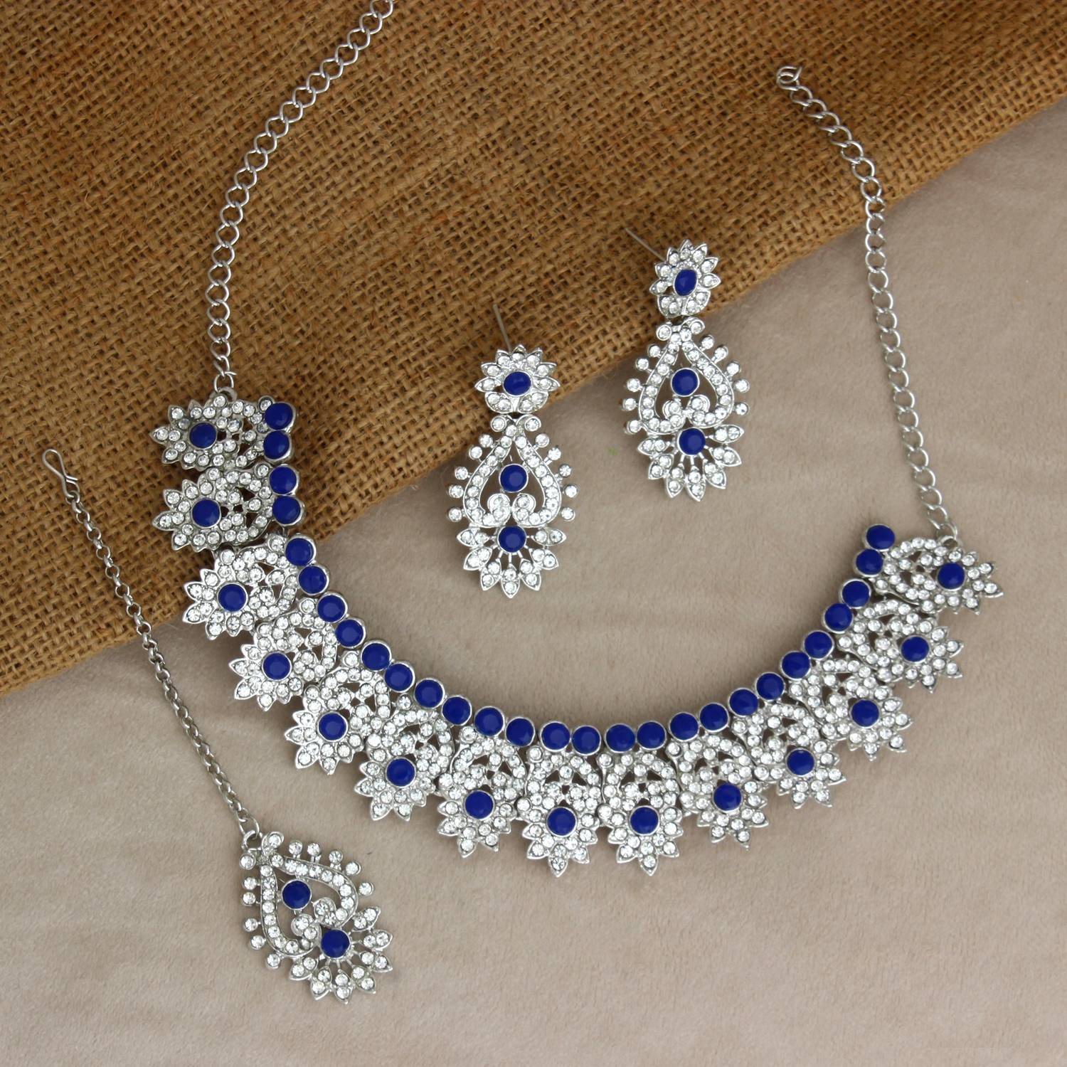 Atasi International Alloy Rhodium Silver, Blue Jewellery Set