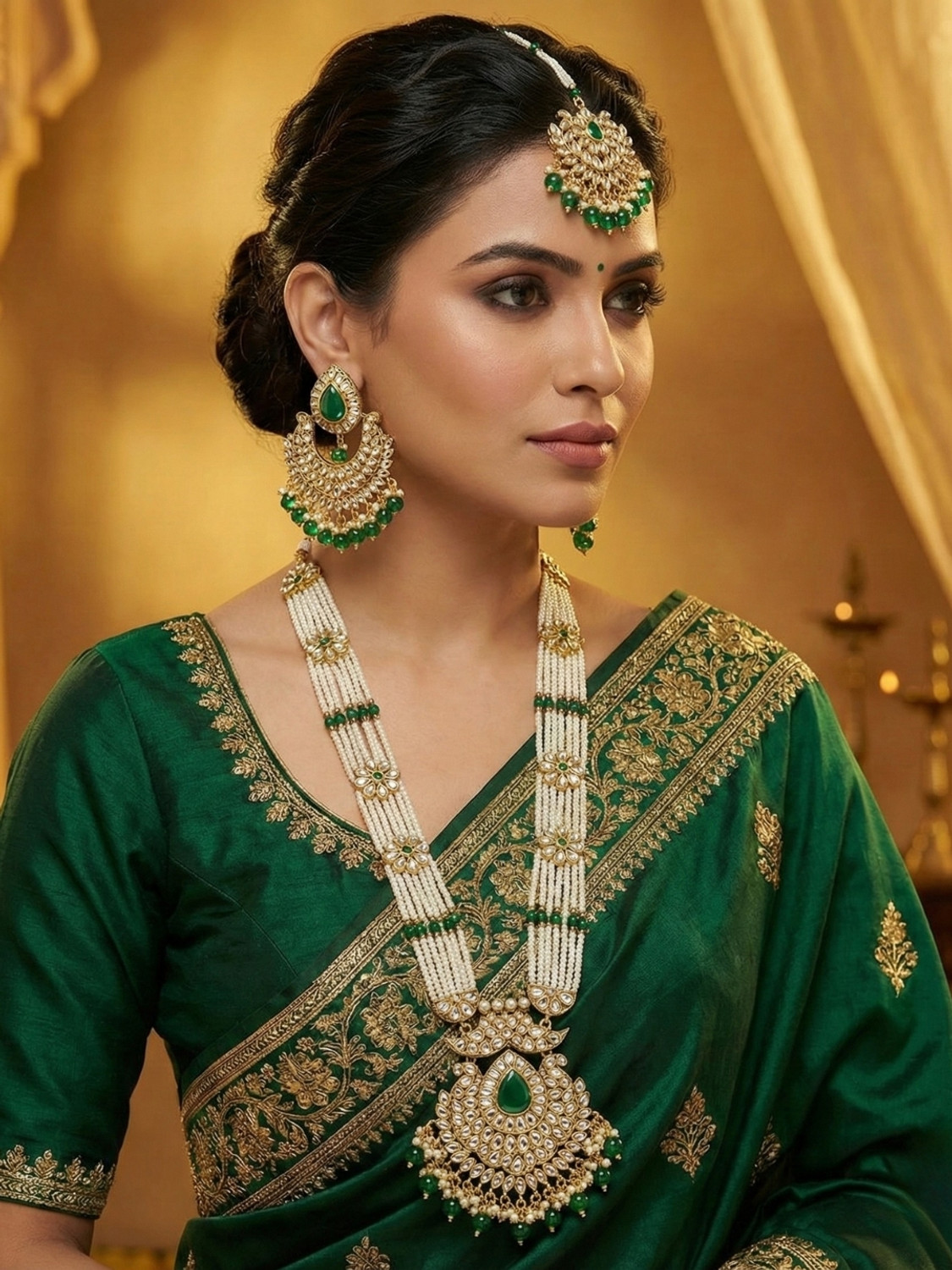Image of Reesha Jewel Brass Green Jewellery Set
