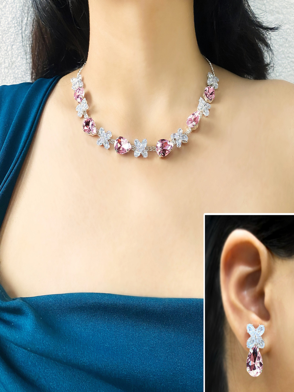 Image of OChori Stone, Alloy Silver Pink, Silver Jewellery Set