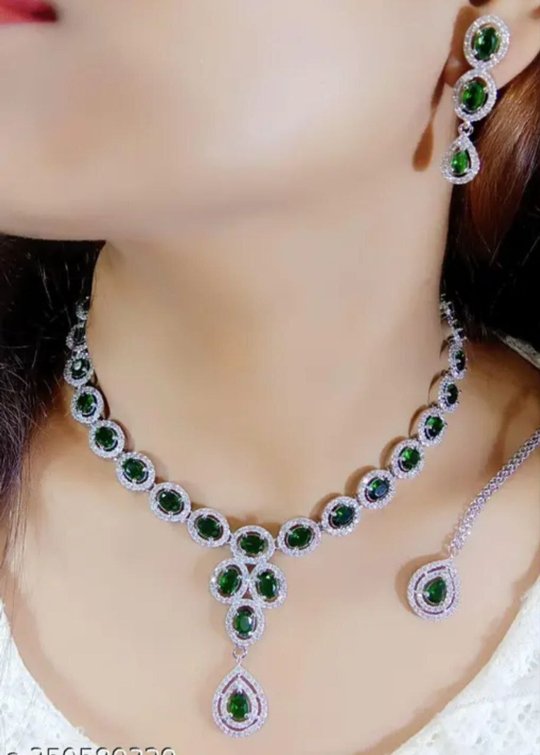 Image of Tiyara Brass Silver Green Jewellery Set