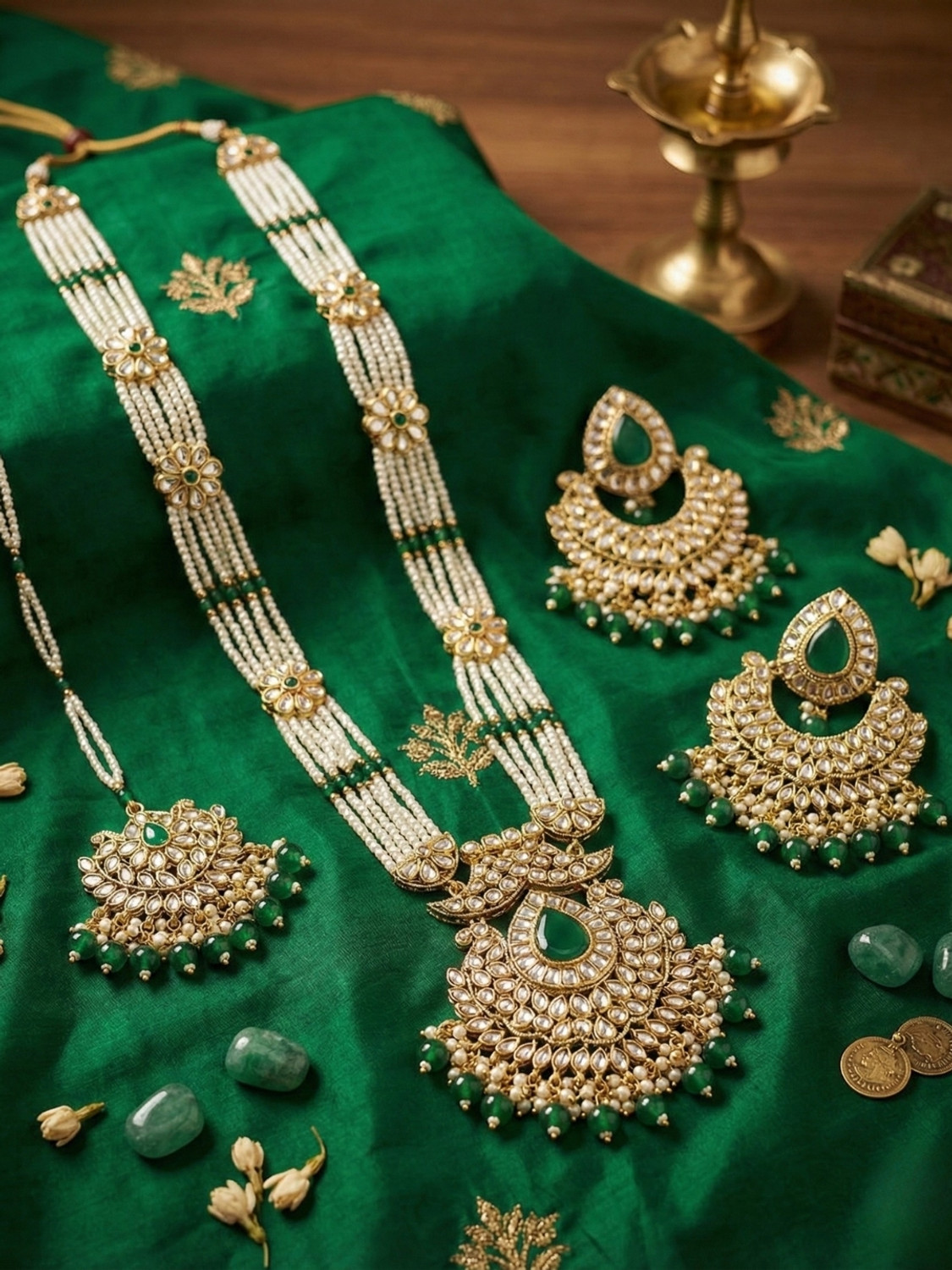 Image of Reesha Jewel Brass Green Jewellery Set