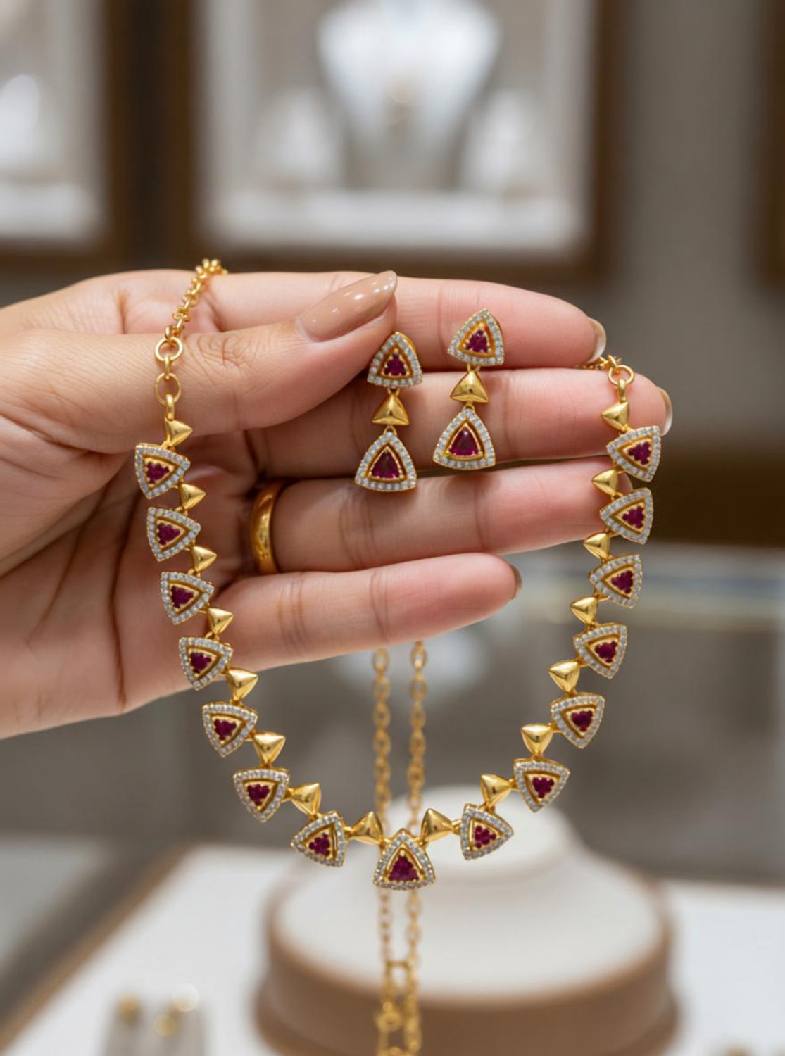 NAKMAN JEWELLERY Brass, Copper Gold-plated Ruby Red Jewellery Set
