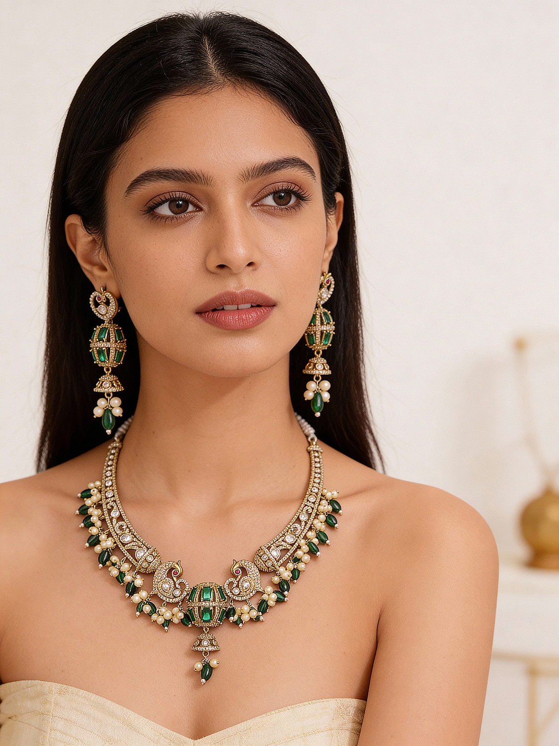 Image of SARAF RS JEWELLERY Brass Gold-plated Green Jewellery Set