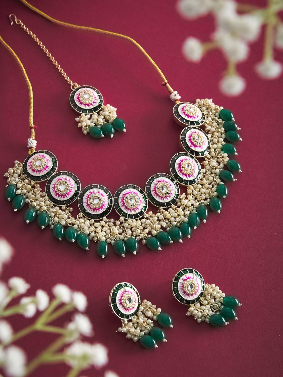 Atibelle Brass Gold-plated Gold, Green, Pink Jewellery Set