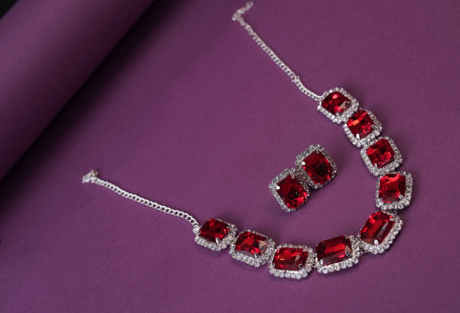 AJ Jewels Alloy Rhodium Silver, Red Jewellery Set
