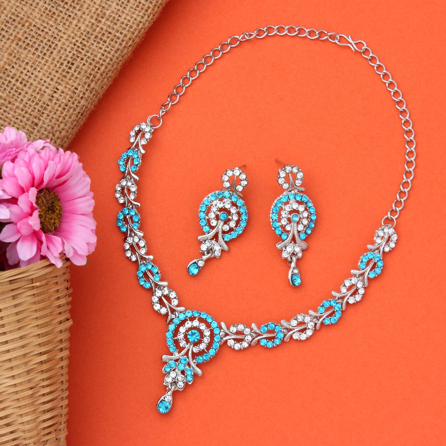Atasi International Alloy Rhodium Silver, Blue Jewellery Set