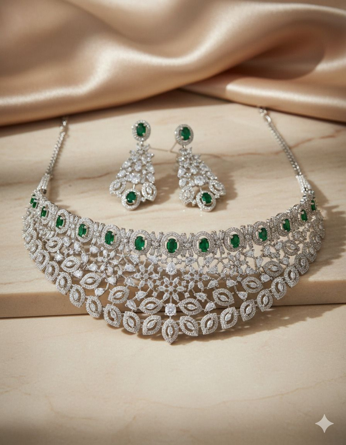 Image of MANTAM Alloy Rhodium Green, White Jewellery Set