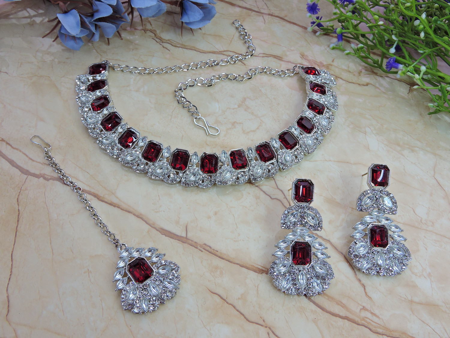 Image of VATSALYA creation Alloy Gold-plated Maroon Jewellery Set