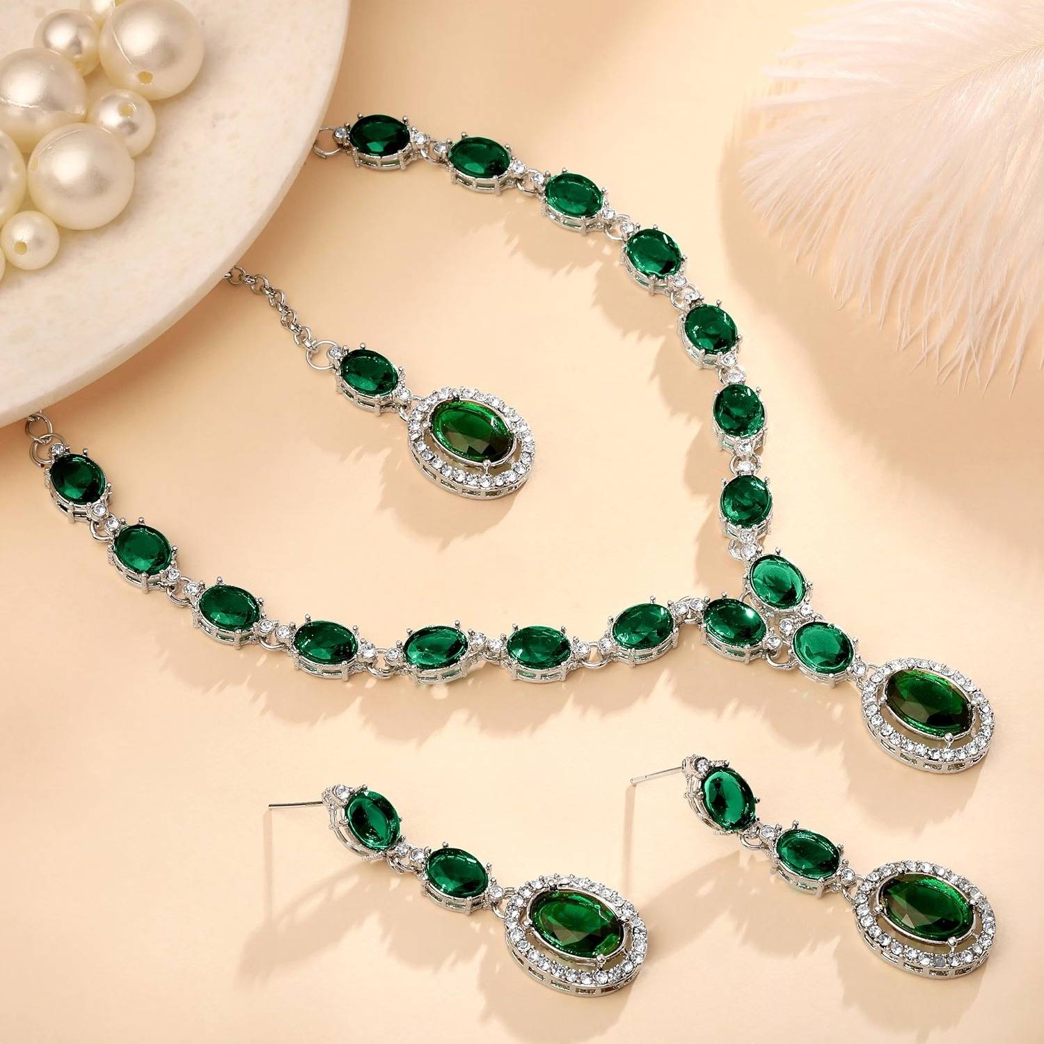 Atasi International Alloy Silver, Green Jewellery Set