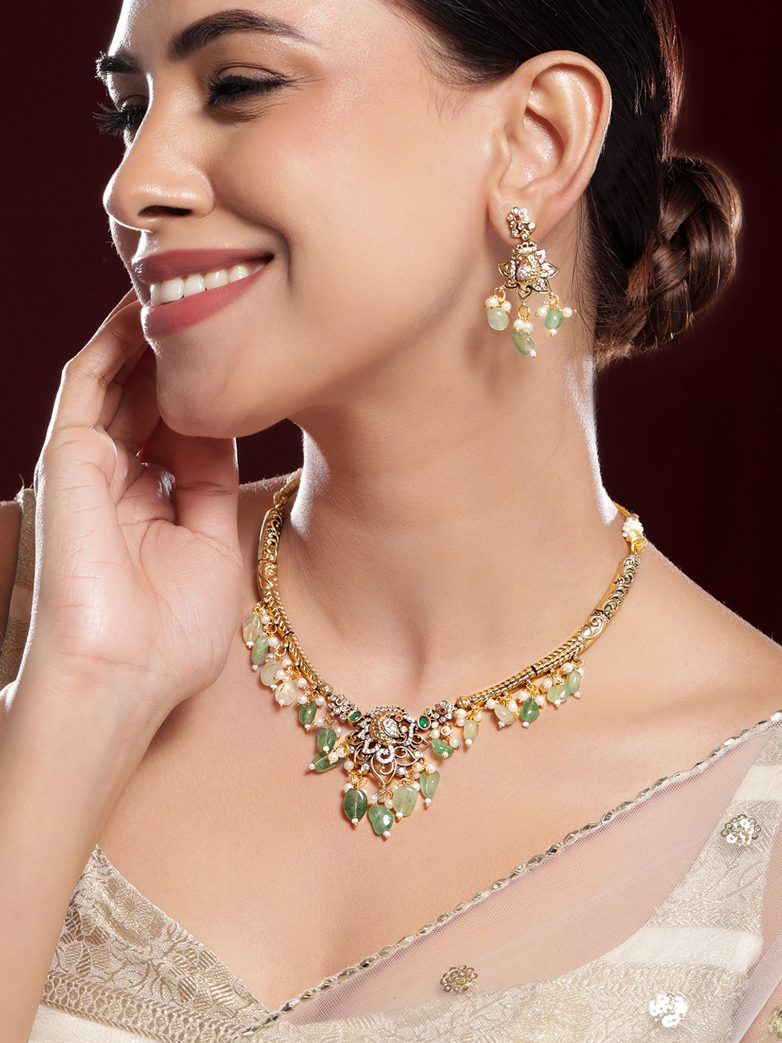 Image of RUBANS Brass Gold-plated Gold, Green Jewel Set (Pack of 1)