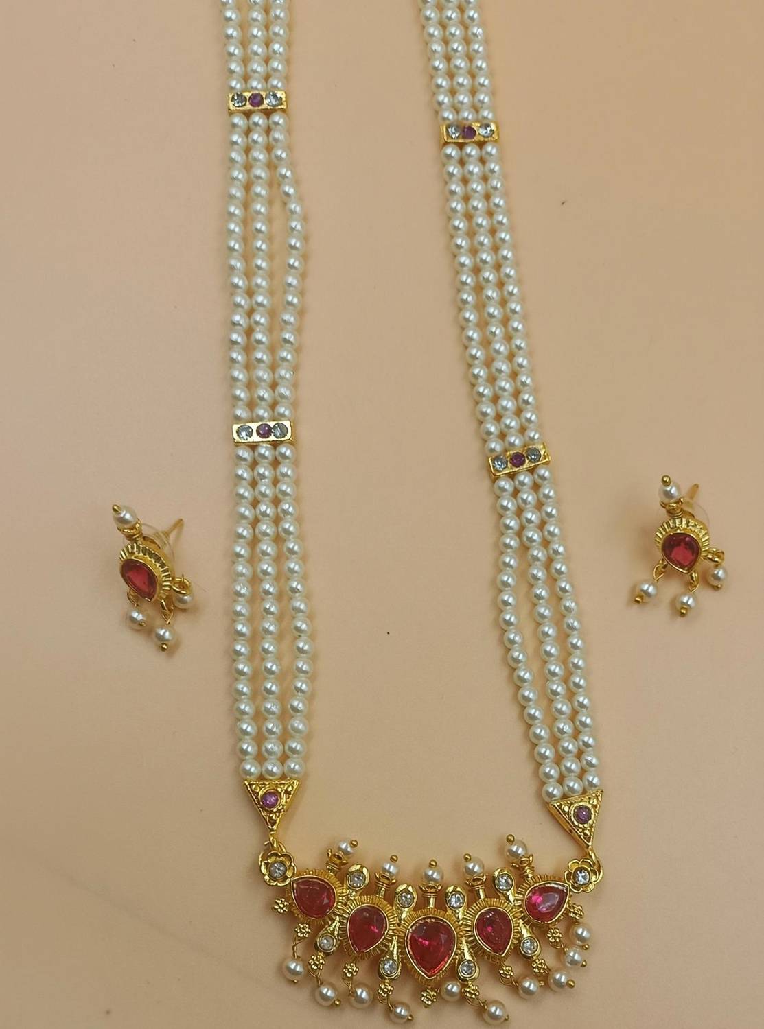 AntiqueJewllery Mother of Pearl Brass White, Green, Ruby Red Jewellery Set
