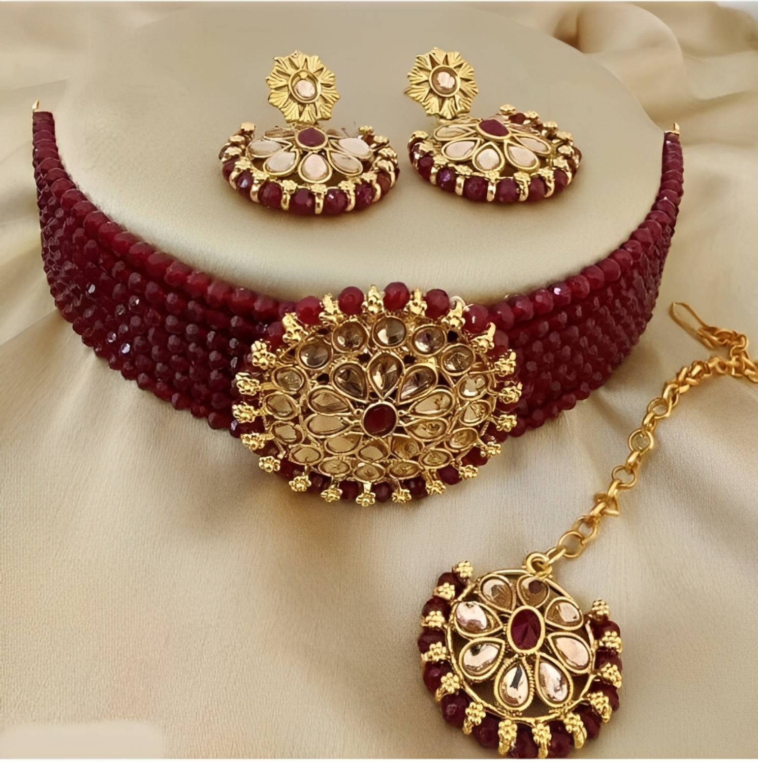 Bold Style Alloy Gold-plated Maroon Jewellery Set