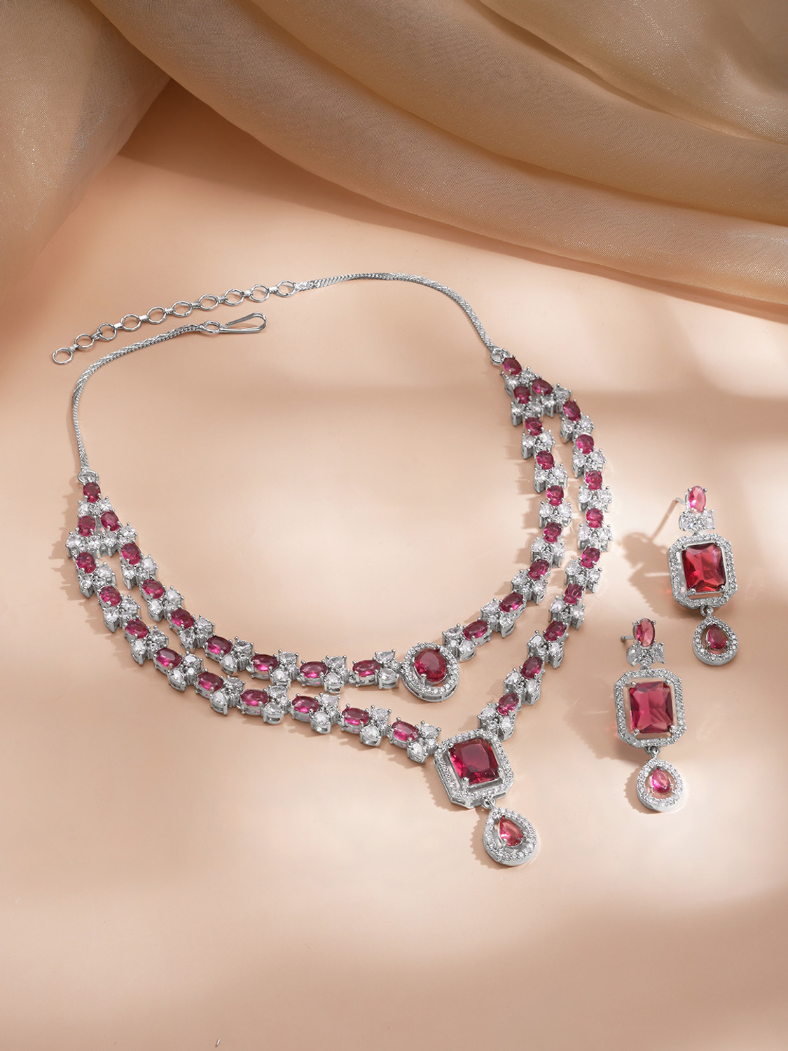 Image of RUBANS Brass Rhodium Silver, Red Jewellery Set