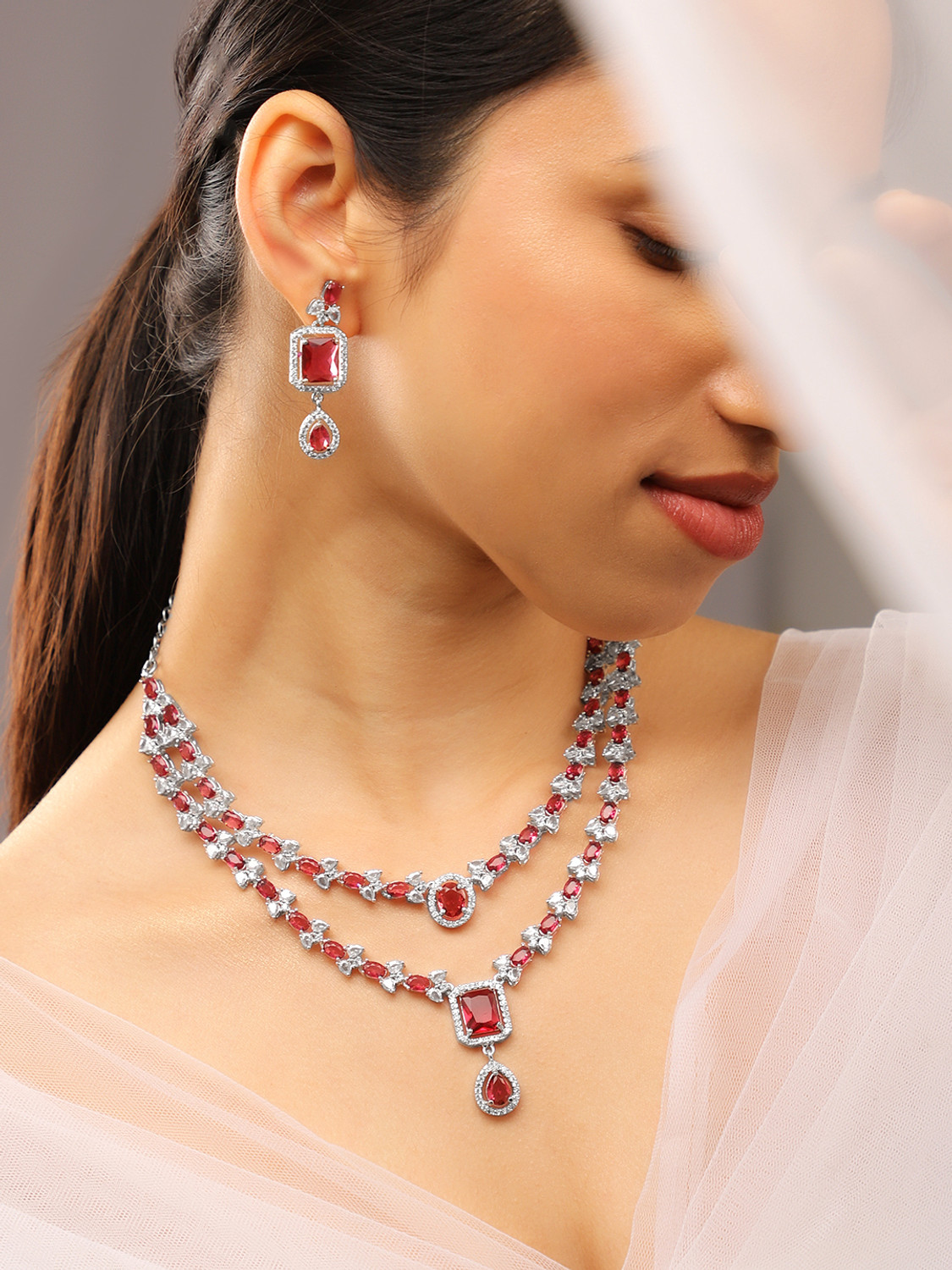 Image of RUBANS Brass Rhodium Silver, Red Jewellery Set