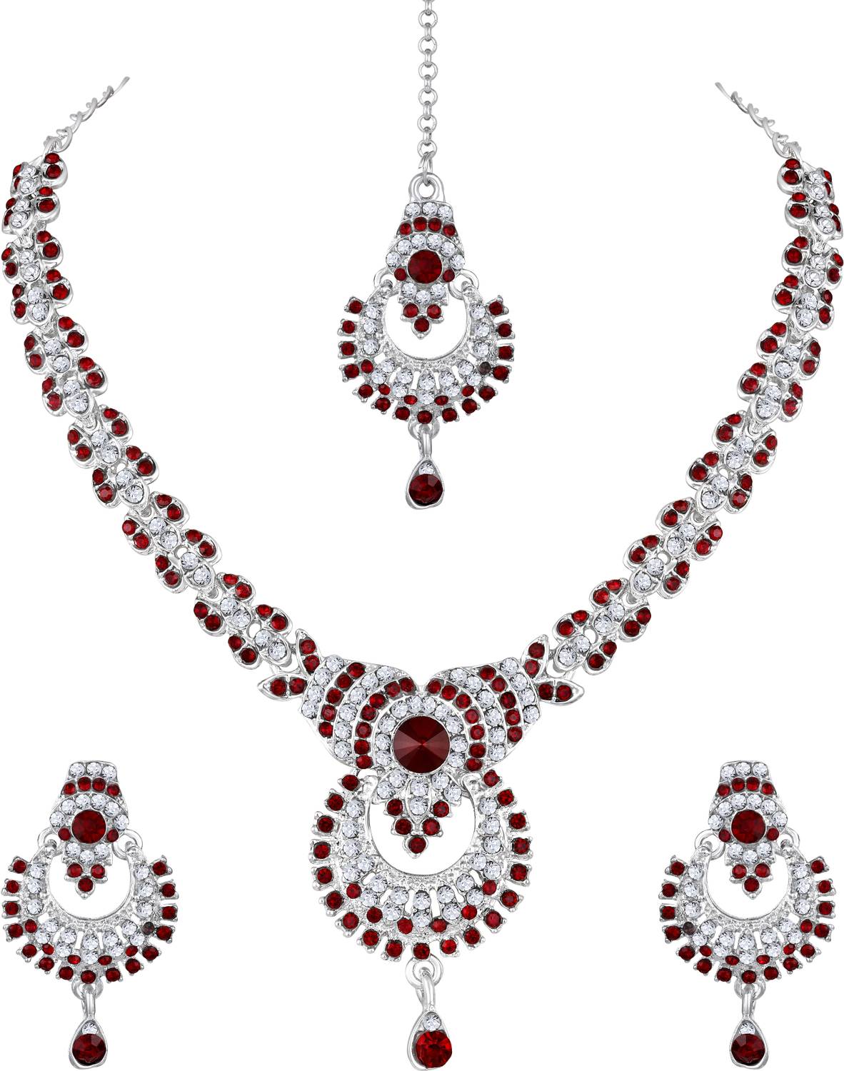 Atasi International Alloy Rhodium Silver, Ruby Red Jewellery Set