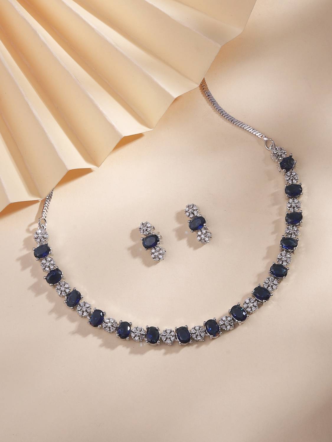 Bhagya Lakshmi Brass Rhodium Blue Jewellery Set