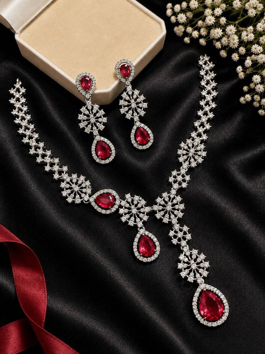 AKENTERPRISE Brass Rhodium Pink Jewellery Set