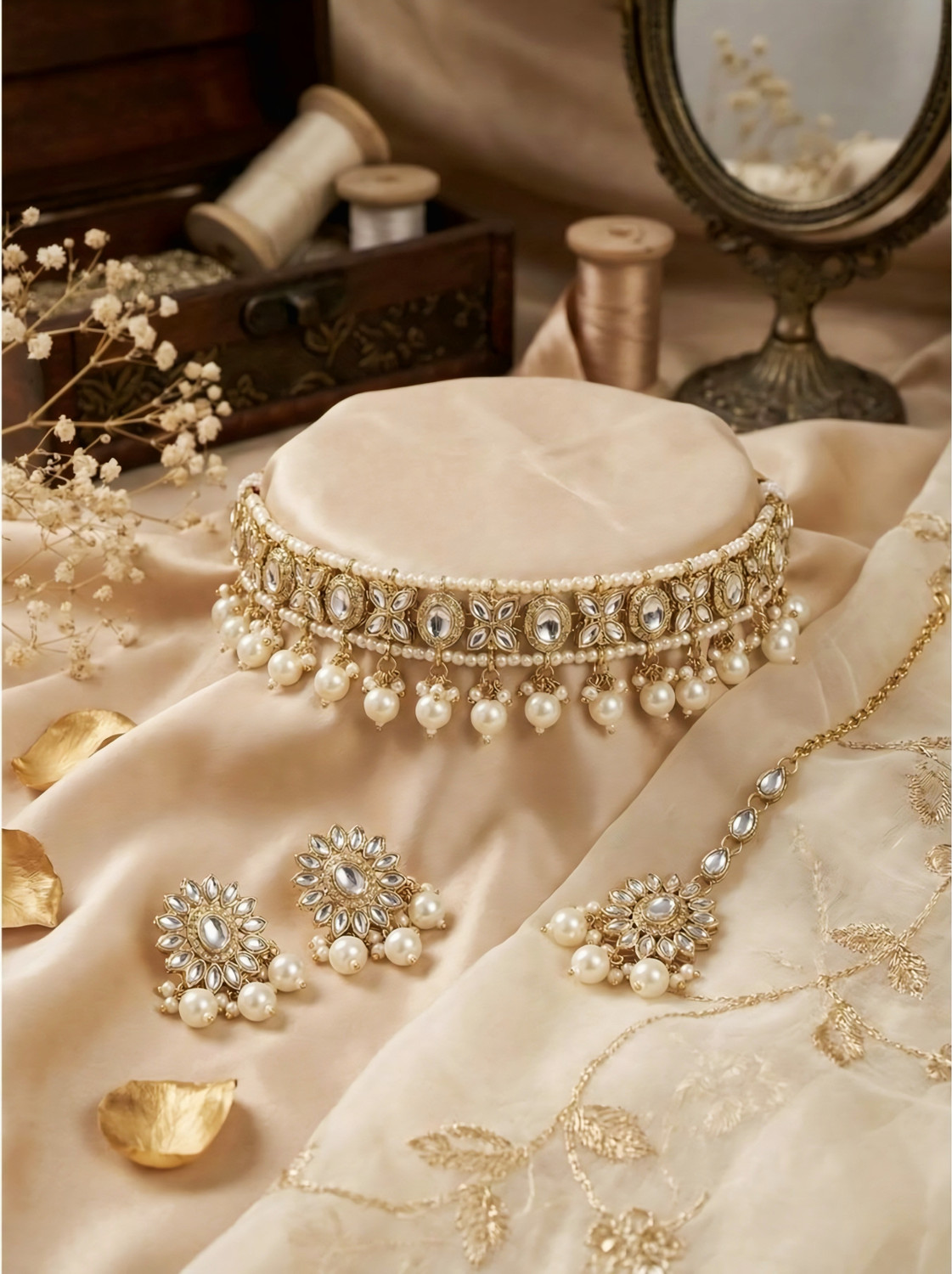 Image of Gyaan Jewels Alloy Gold-plated White Jewellery Set