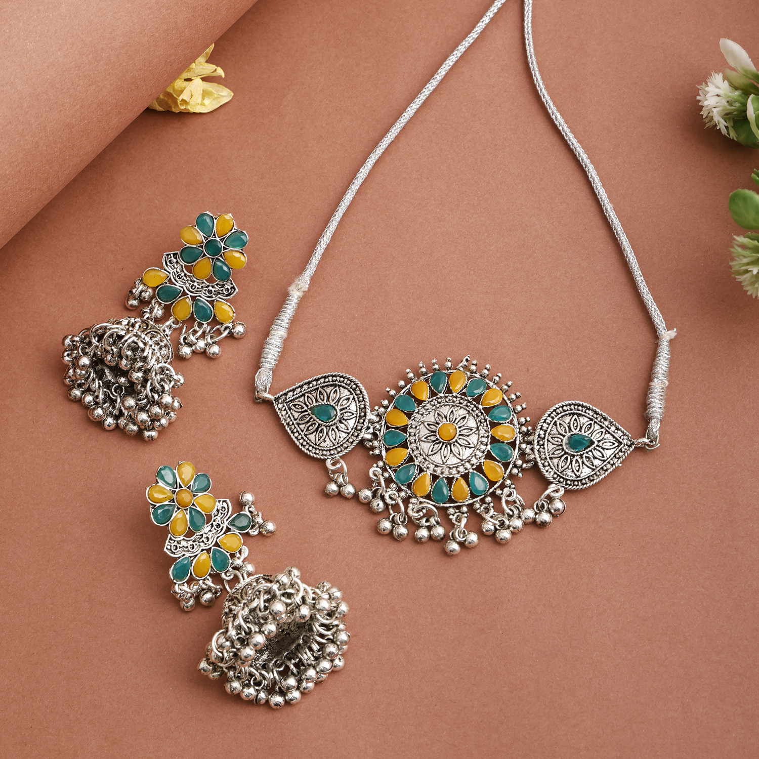 Image of Foxy Trend Zinc Silver Yellow, Green Jewellery Set