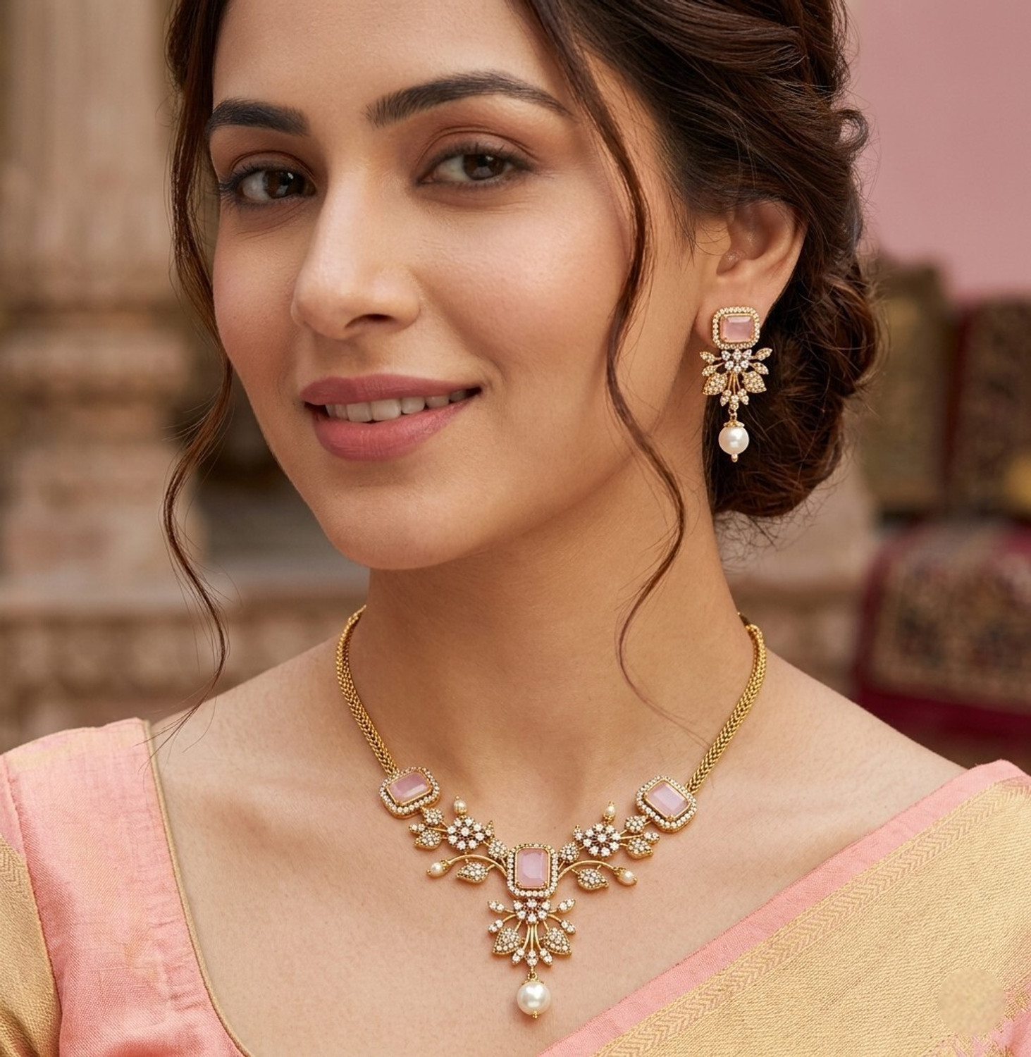 Image of Manaal Brass Pink Jewellery Set