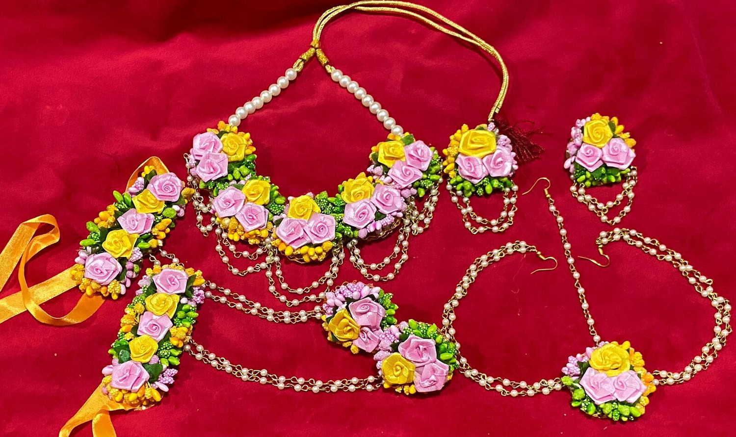 Image of VIP Fashions Fabric Yellow, Pink, Gold, Orange Jewellery Set